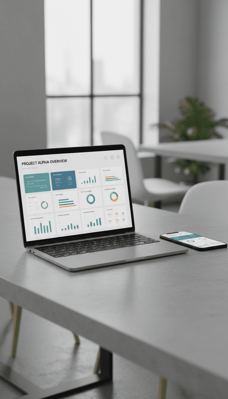 A laptop and phone side by side, both showing a clean project dashboard view.