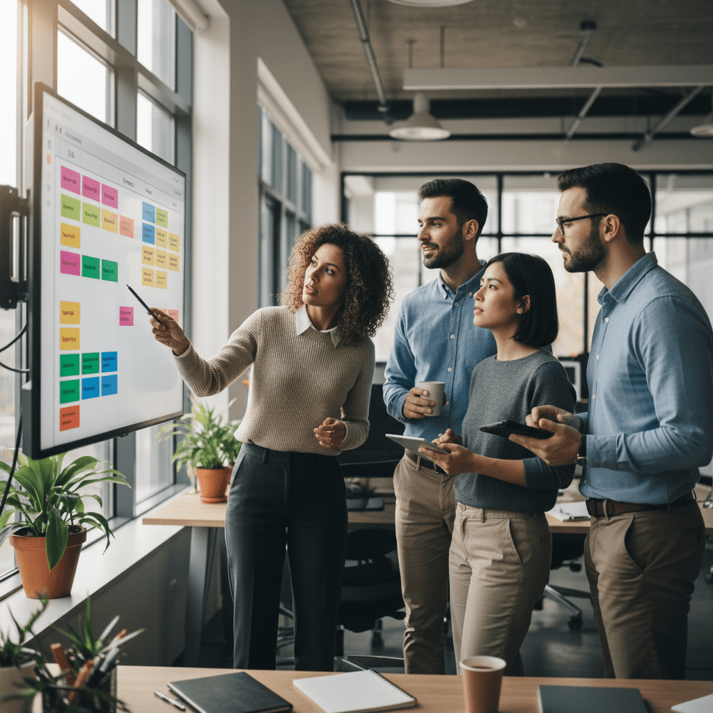 A team of three or four people gathered around a monitor showing a kanban board.